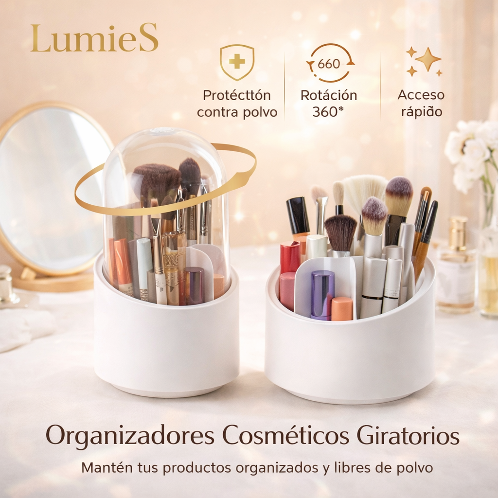 Organizador Giratorio 360° para Brochas y Maquillaje (con Tapa Anti-Polvo)