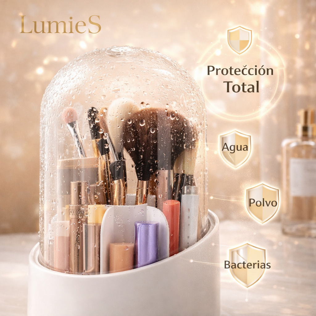 Organizador Giratorio 360° para Brochas y Maquillaje (con Tapa Anti-Polvo)