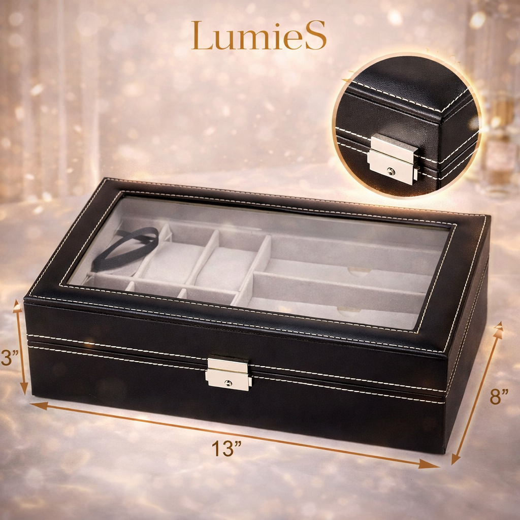 Organizador Premium para 6 Relojes + 3 Lentes (Caja con Tapa Transparente)