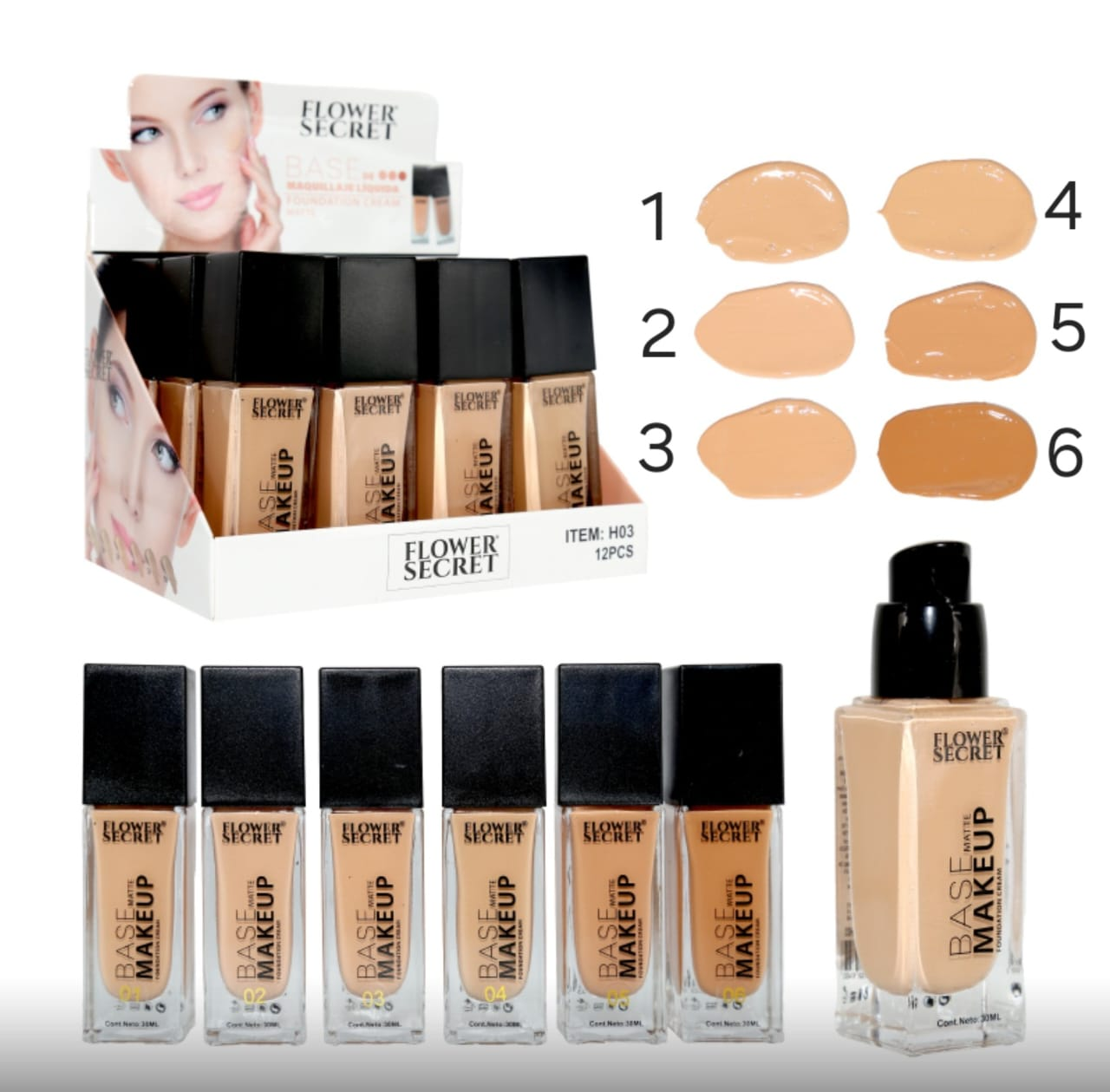 Base de Maquillaje Flower Secret 30 ml | Alta cobertura (6 tonos a elección)